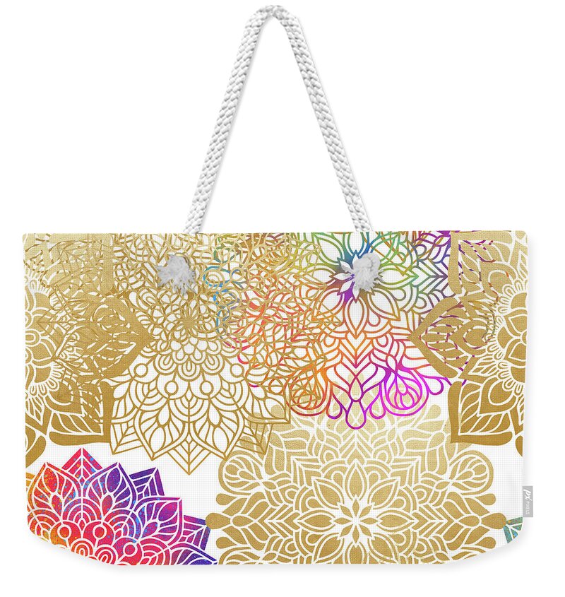 Mandala Weekender Tote Bag featuring the digital art Colorful Gold Mandala Pattern by Sambel Pedes