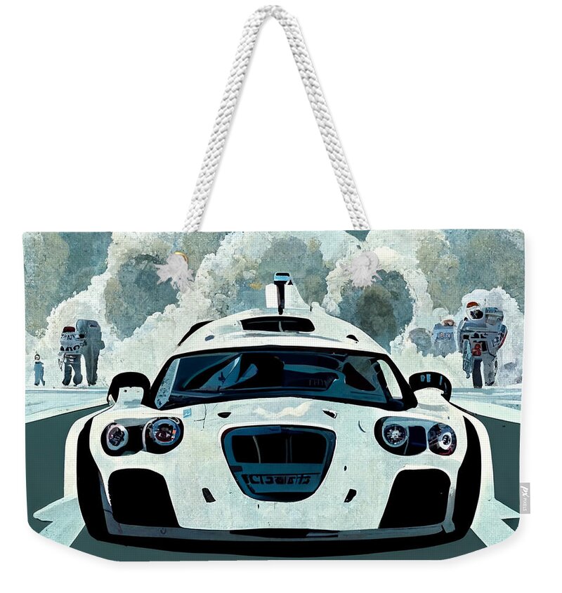 Cool Weekender Tote Bag featuring the painting Cool Cartoon The Stig Top Gear Show Driving A Car D27276c2 1dc4 442d 4e78 Dd764d266a62 by MotionAge Designs
