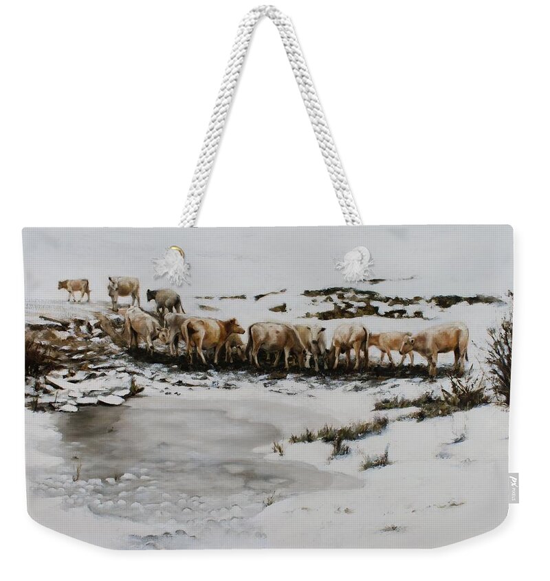 Cows Weekender Tote Bag featuring the painting Cows in the Snow by Bibi Snelderwaard Brion