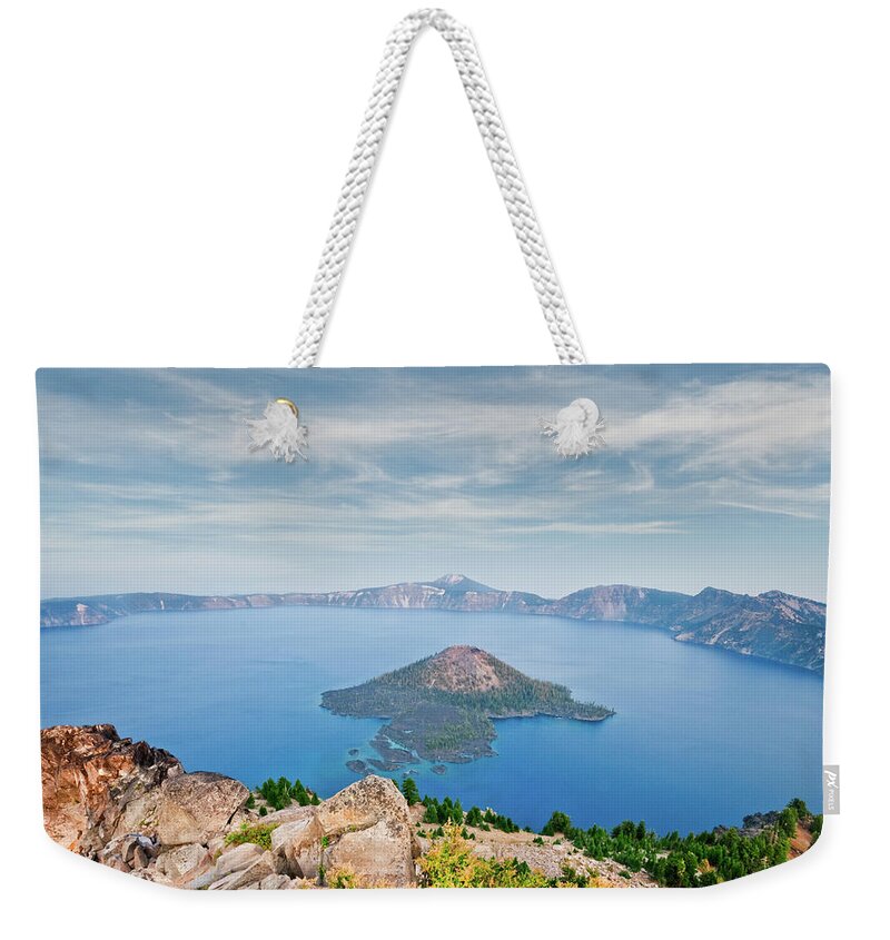 Aerial View Weekender Tote Bag featuring the photograph Crater Lake in the Evening by Jeff Goulden