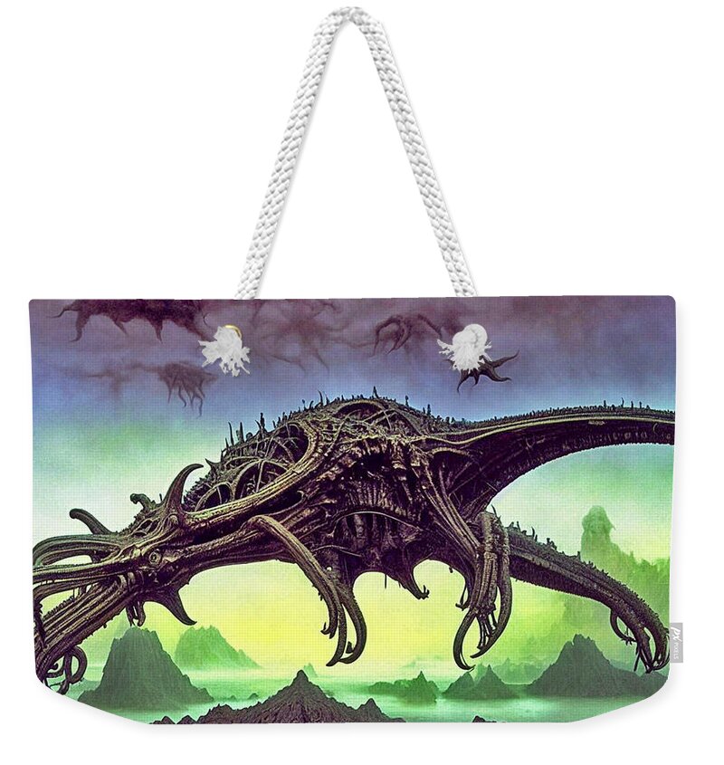 Deep Dream Weekender Tote Bag featuring the digital art Cthulhu Warthog Over Mordor #1 by Otto Rapp