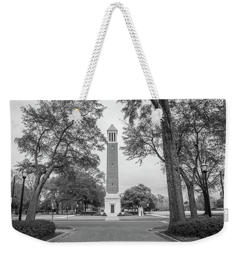 Alabama Weekender Tote Bag featuring the photograph Denny Chimes University of Alabama Black and White #1 by John McGraw