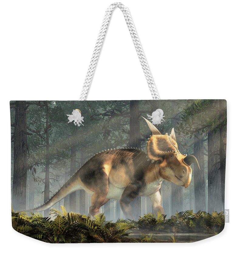 Einiosaurus Weekender Tote Bag featuring the digital art Einiosaurus in a Forest #1 by Daniel Eskridge