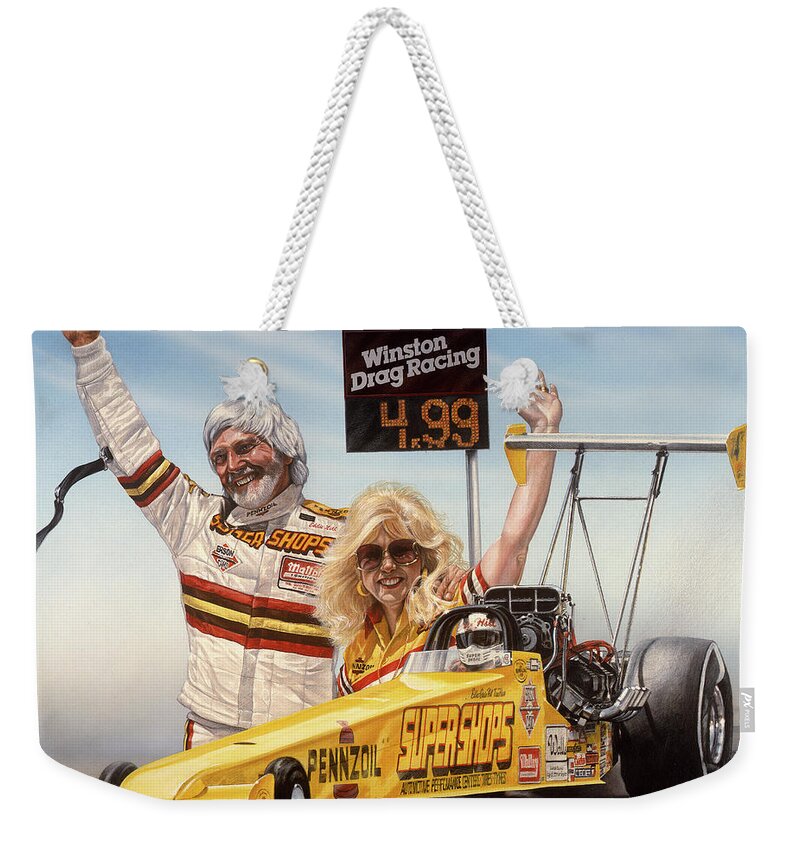 Nhra Funny Car Hell Fire Nitro Top Fuel Dragster Kenny Youngblood John Force Weekender Tote Bag featuring the painting First in the Fours #1 by Kenny Youngblood