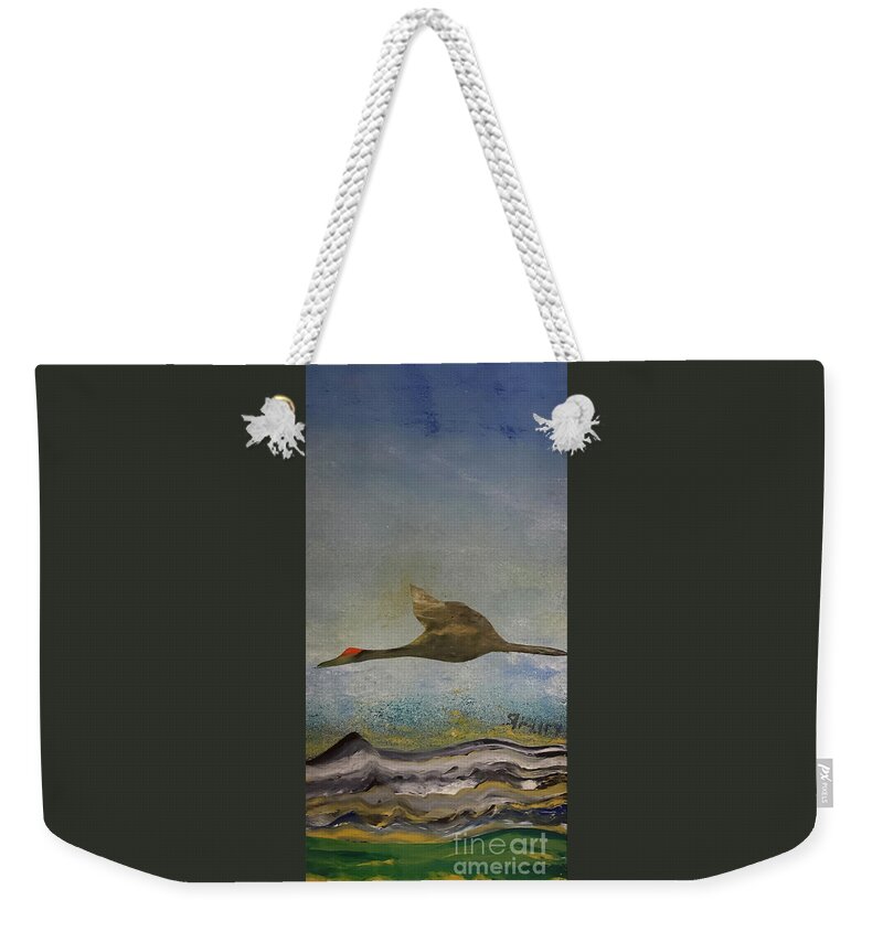 Sandhill Crane Weekender Tote Bag featuring the painting Flight #1 by Shelley Myers