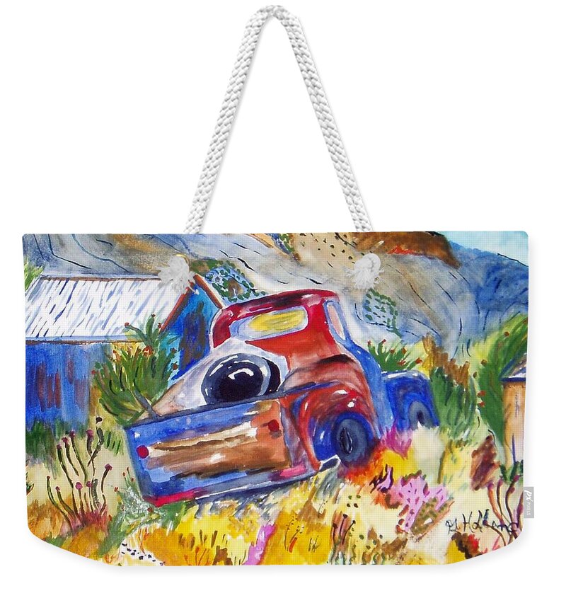 Old Pick Up Truck Weekender Tote Bag featuring the painting Flowers and Junk #2 by Genevieve Holland