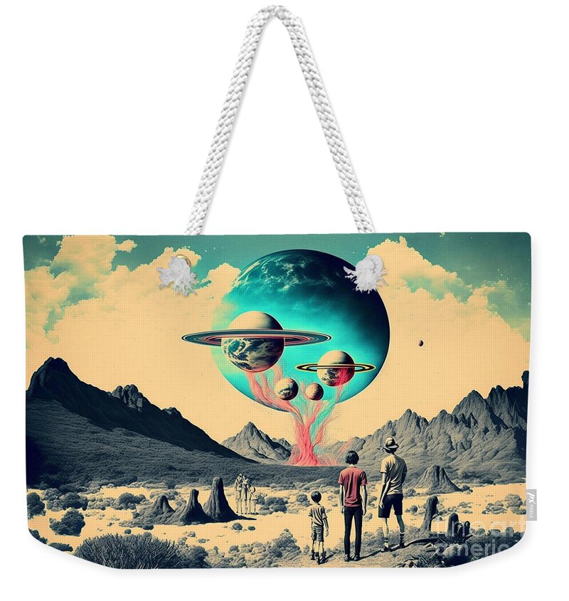 Flying Weekender Tote Bag featuring the mixed media Flying Saucer Frenzy VII by Jay Schankman