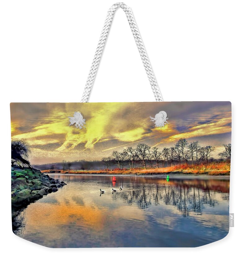 Autumn Weekender Tote Bag featuring the photograph Geese Crossing Harbor at Milton Harbor in Autumn by Cordia Murphy