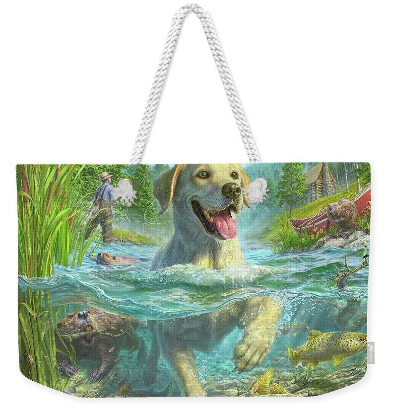Yellow Lab Weekender Tote Bag featuring the digital art Gone Fishing #1 by Mark Fredrickson