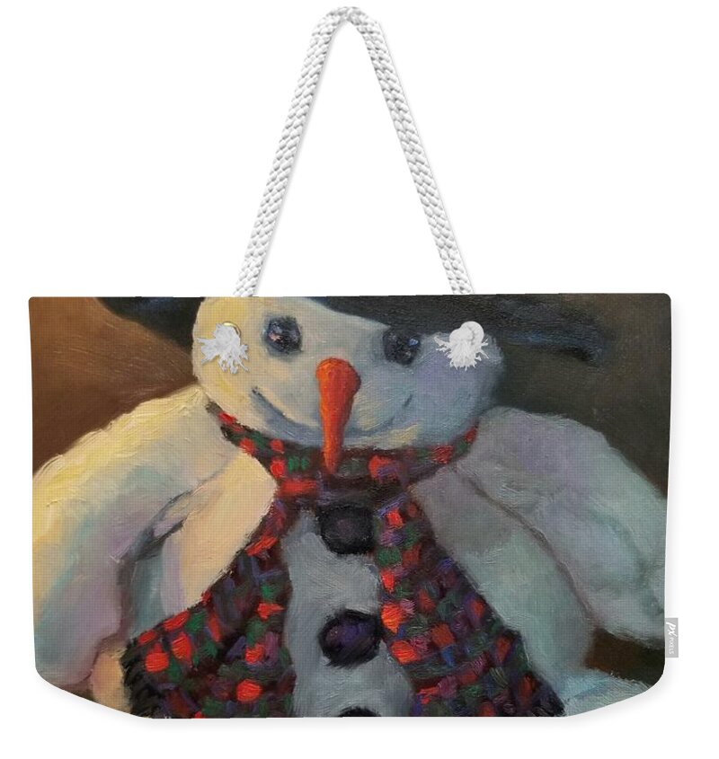 Snowman Christmas Stuffed Animal Holidays Winter Snow Snowflake Wisconsin Driftless Region Weekender Tote Bag featuring the painting Grinning Snowman #2 by Jeff Dickson