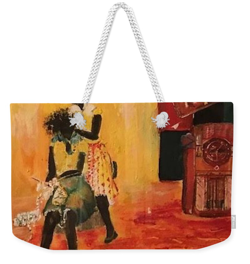 Figurative Weekender Tote Bag featuring the painting Grooving by Peggy Blood