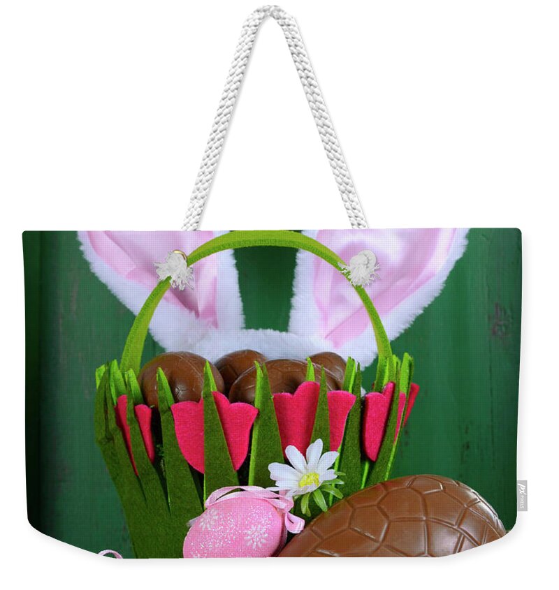 Basket Weekender Tote Bag featuring the photograph Happy Easter green background #1 by Milleflore Images