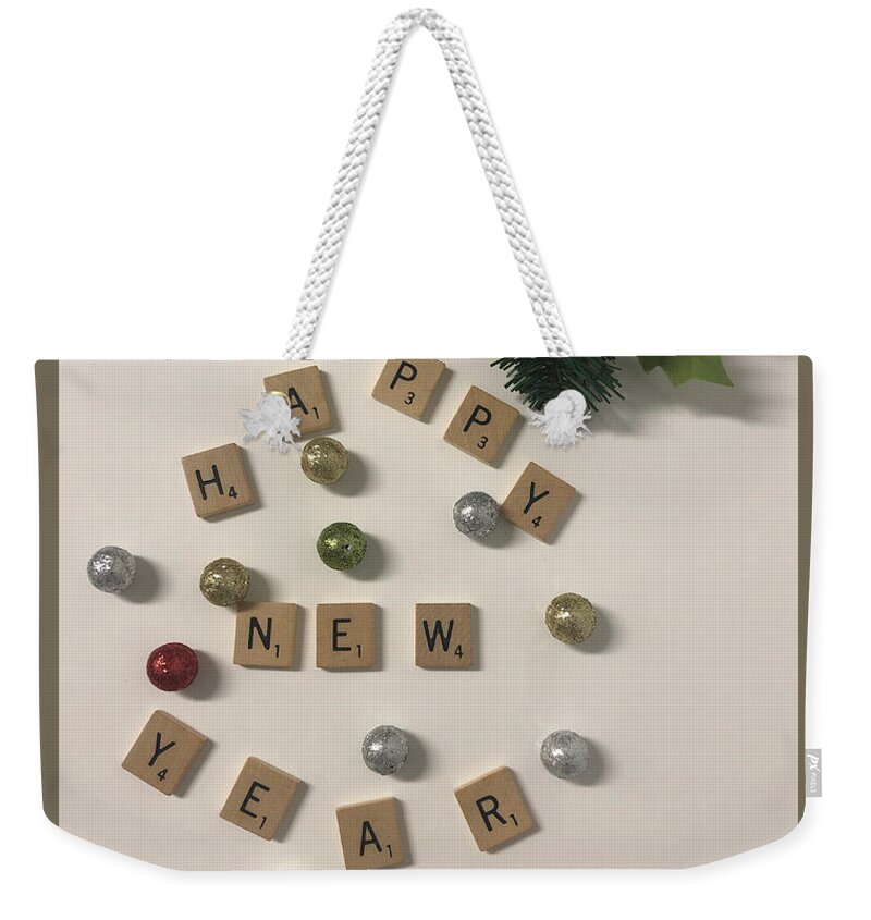 Scrabble Tiles Spell Out A New Year's Greeting Weekender Tote Bag featuring the mixed media Happy New Year by Moira Law