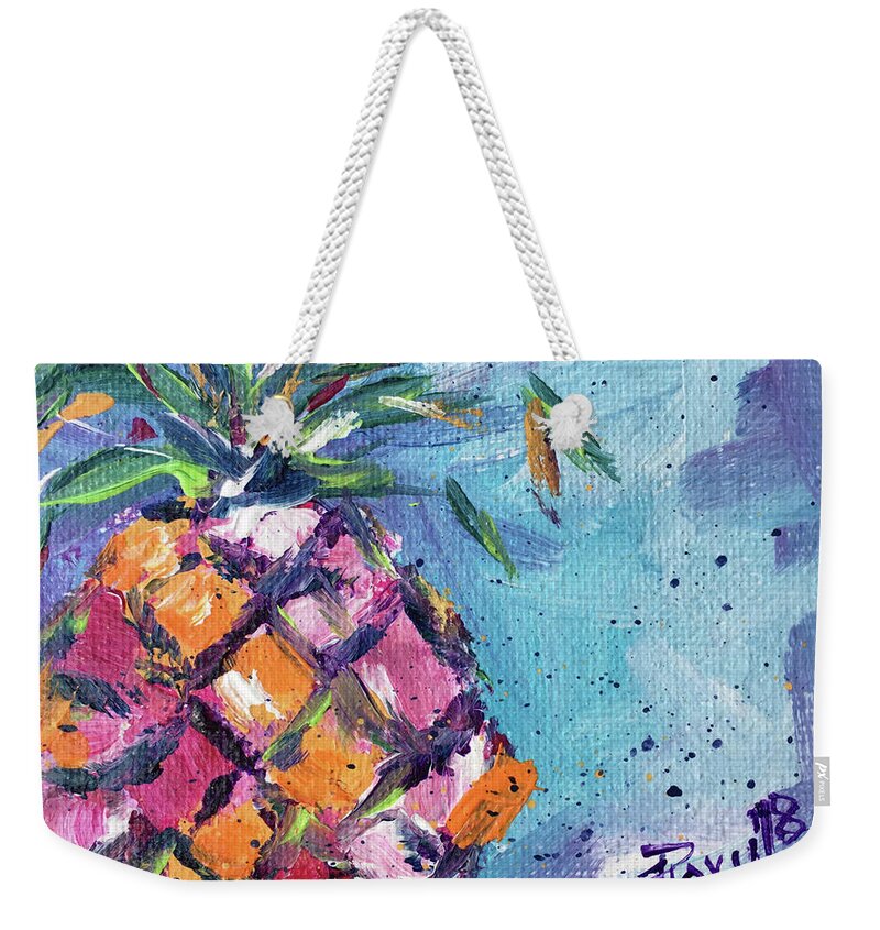 Pineapple Weekender Tote Bag featuring the painting Happy Pineapple by Roxy Rich