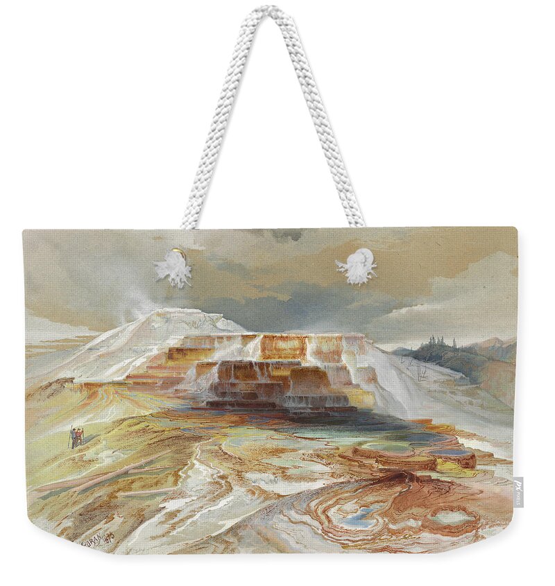 Thomas Moran Weekender Tote Bag featuring the drawing Hot Springs of Gardiner's River, Yellowstone #1 by Thomas Moran