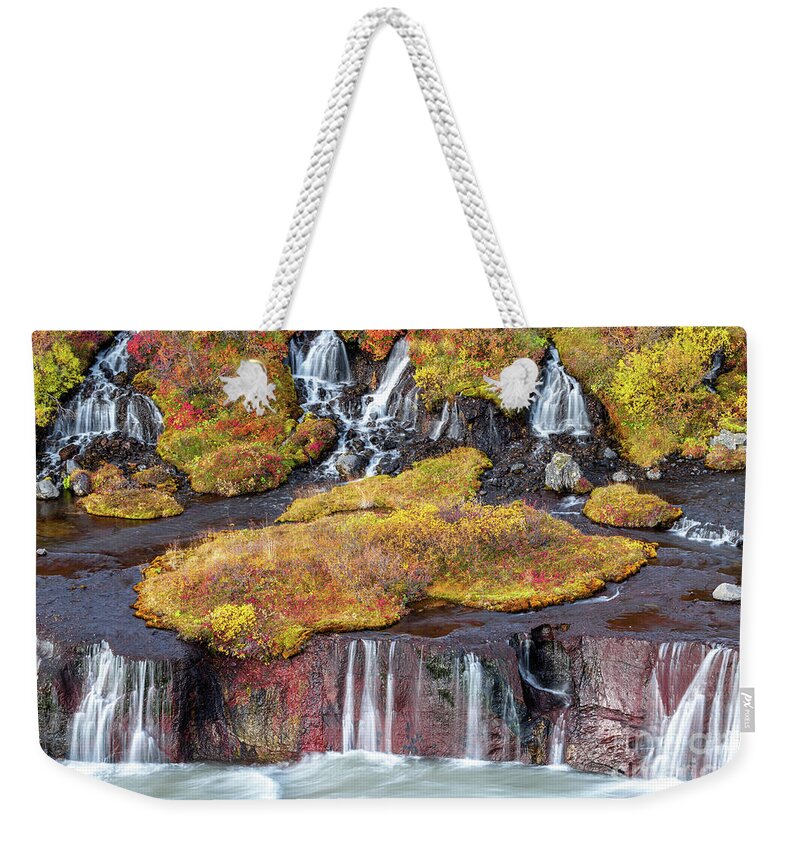 Attraction Weekender Tote Bag featuring the photograph Hraunfossar or Lava Falls, Snaefellsnes peninsula, Iceland. This #1 by Jane Rix
