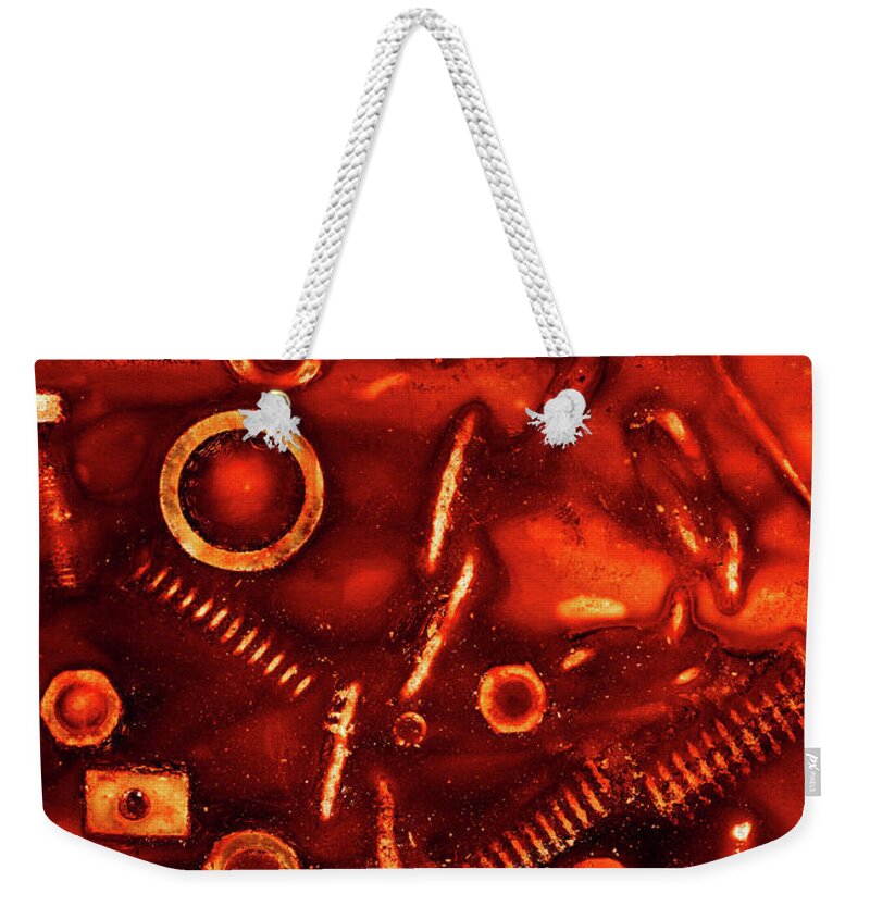 Rust Weekender Tote Bag featuring the mixed media Imprint of rusty bolts, nuts, springs and other items #1 by Michal Boubin
