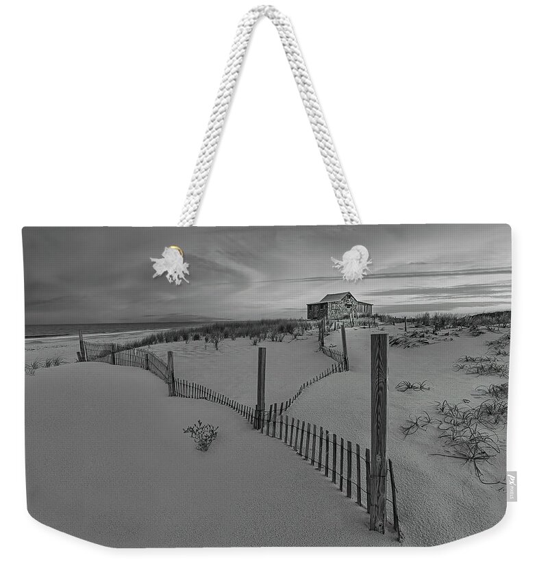 Nj Shore Weekender Tote Bag featuring the photograph Judges Shack NJ Shore BW #1 by Susan Candelario