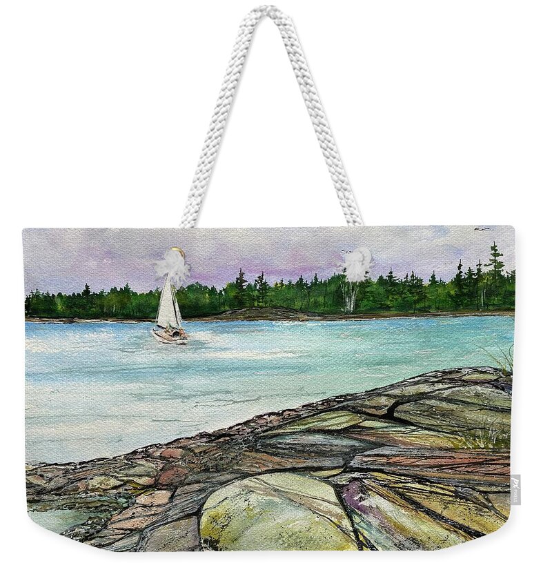 Acadia National Park Weekender Tote Bag featuring the painting Kaleidoscope Rocks, Acadia Maine #1 by Kellie Chasse