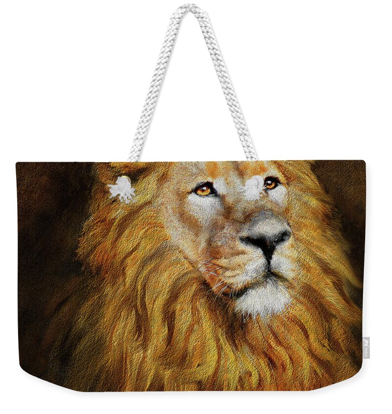 Lion Weekender Tote Bag featuring the digital art King Eternal Lion #1 by Constance Woods