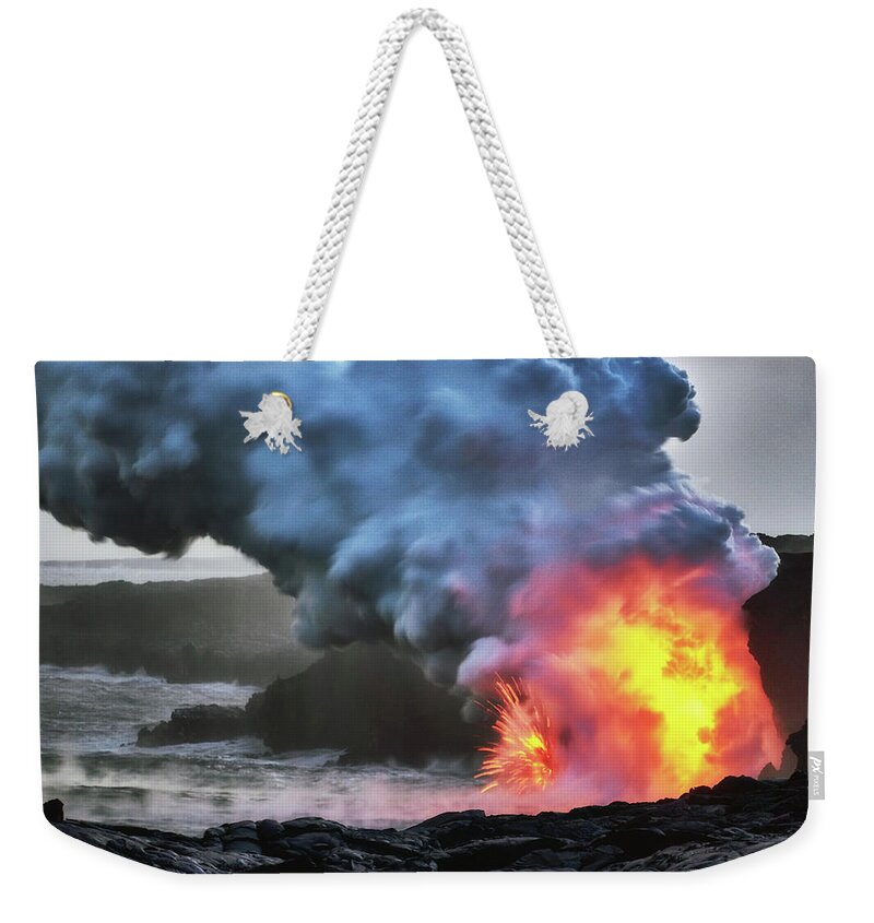 Lava Weekender Tote Bag featuring the photograph Lava Explosion #1 by Christopher Johnson