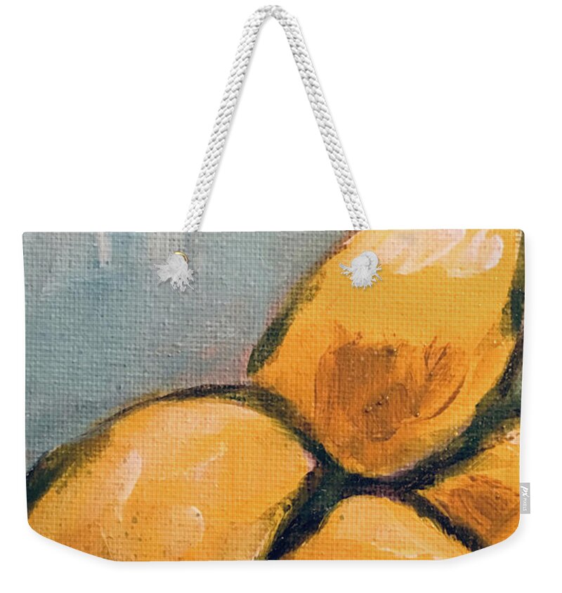 Lemon Weekender Tote Bag featuring the painting Lemons from Heaven by Roxy Rich