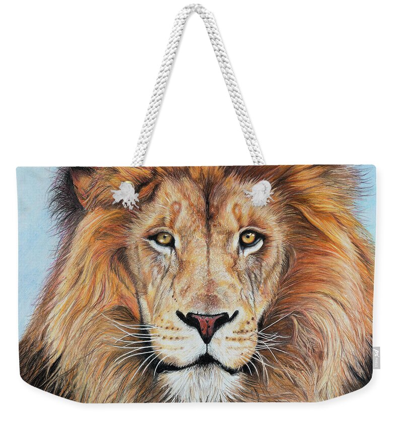 Lion Weekender Tote Bag featuring the drawing Leo by Rachel Emmett