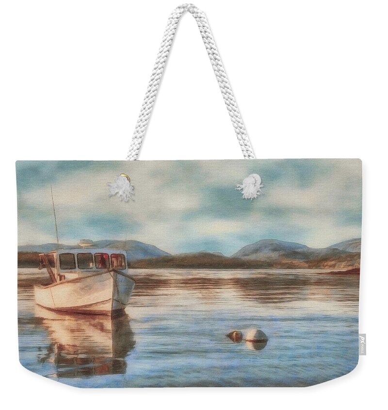 Acadia Weekender Tote Bag featuring the painting Maine Boats 2 by Jeffrey Kolker