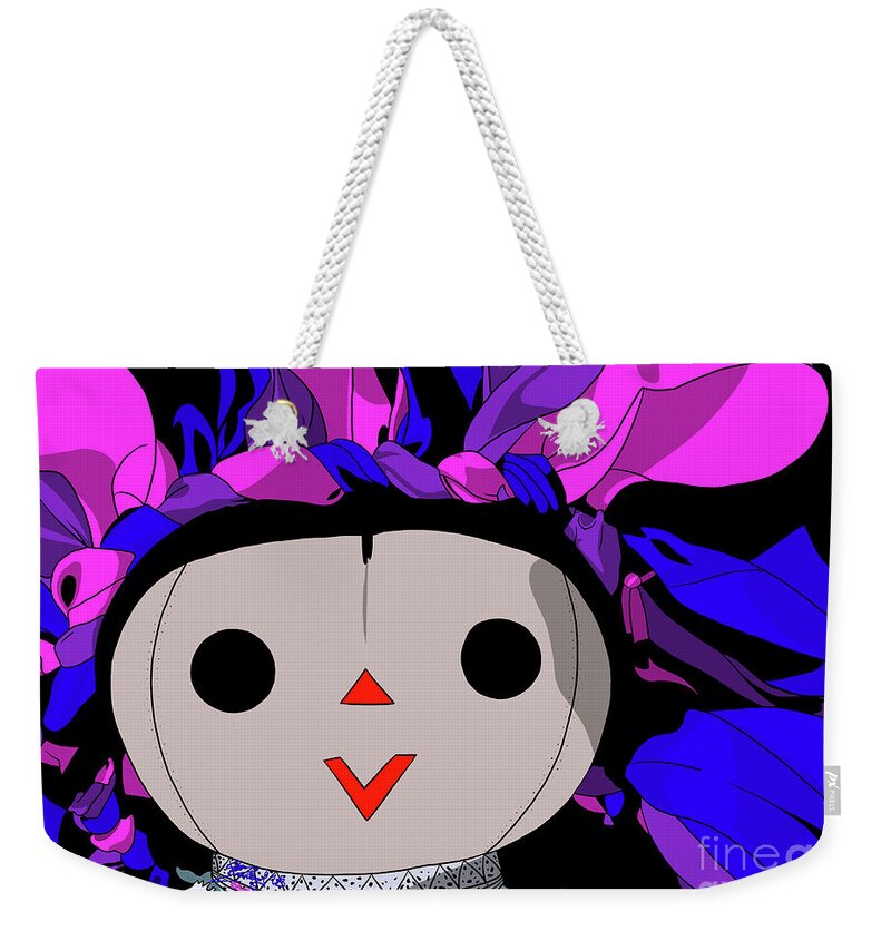 Mazahua Weekender Tote Bag featuring the digital art Maria Doll blue pink purple by Marisol VB