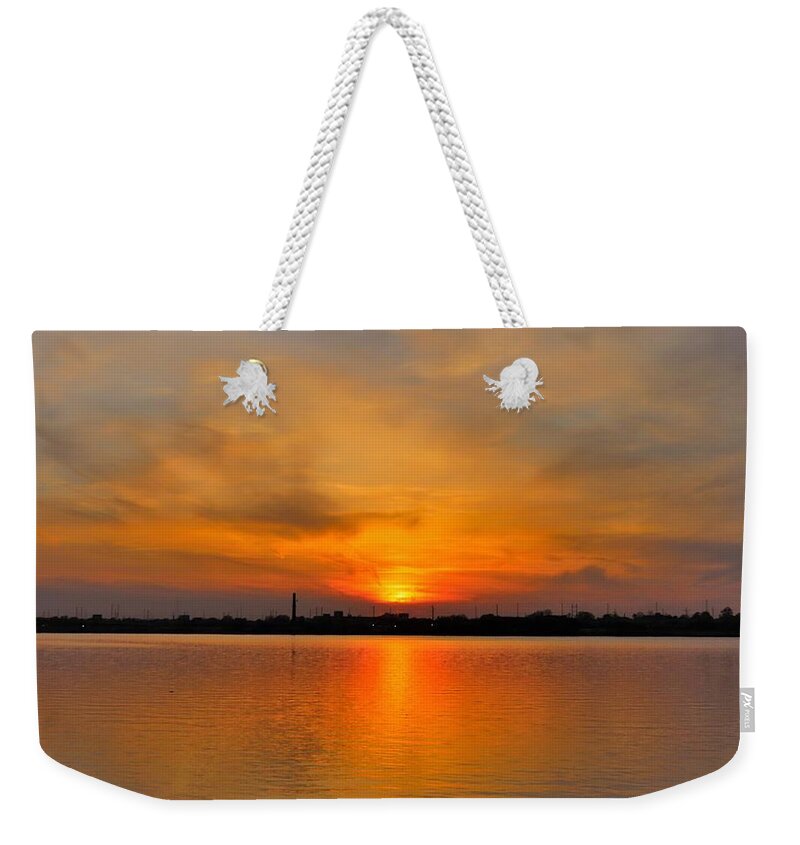 Sunset Weekender Tote Bag featuring the photograph May Sunset on the Delaware River by Linda Stern
