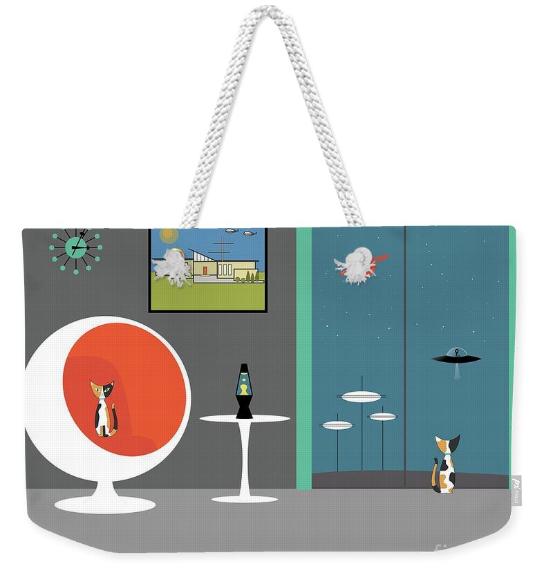 Mid Century Modern Weekender Tote Bag featuring the digital art Mid Century Cat Spies Flying Saucer by Donna Mibus