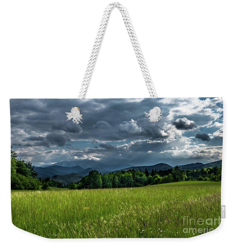 Alps Alpine Weekender Tote Bag featuring the photograph Mountains Of Alps And Rural Landscape In Austria by Andreas Berthold