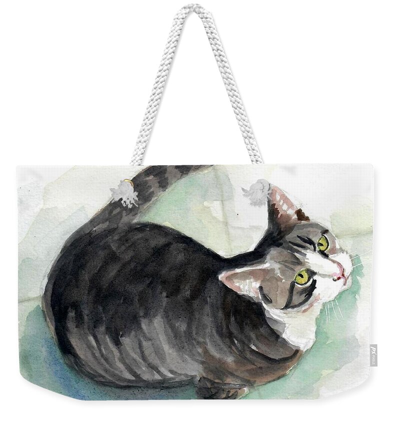 Tabby Cat Weekender Tote Bag featuring the painting Mr Grey #1 by Mimi Boothby