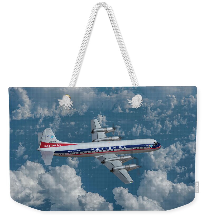 National Airlines Weekender Tote Bag featuring the digital art National Airlines Lockheed Electra by Erik Simonsen