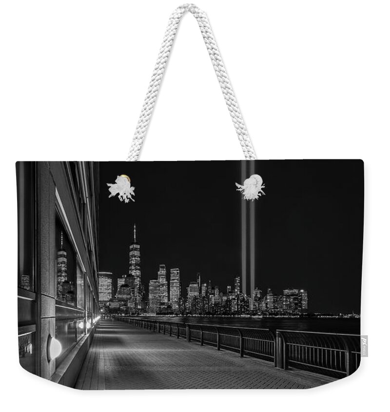 Nyc Skyline Weekender Tote Bag featuring the photograph NYC Tribute In Light BW #1 by Susan Candelario