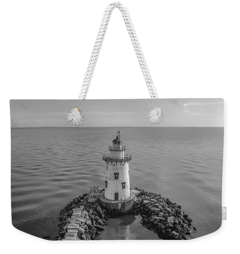 Black And White Weekender Tote Bag featuring the photograph Old Saybrook Outer Lighthouse by Veterans Aerial Media LLC