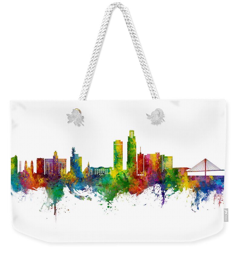 Omaha Weekender Tote Bag featuring the digital art Omaha Nebraska Skyline by Michael Tompsett
