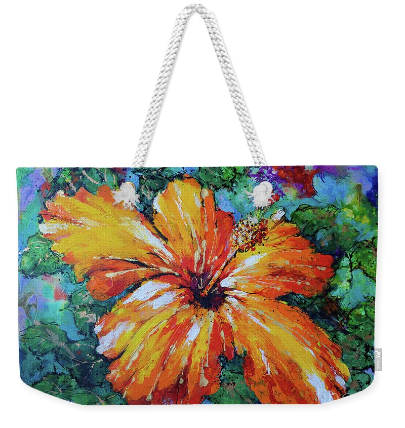 Orange Hibiscus Weekender Tote Bag featuring the painting Orange Hibiscus #2 by Jyotika Shroff