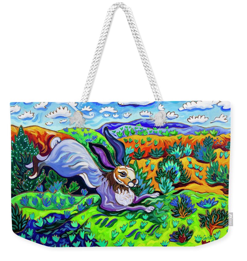 Santa Fe Paintings Weekender Tote Bag featuring the painting Out Where the Lean Jack Hops Along #1 by Cathy Carey