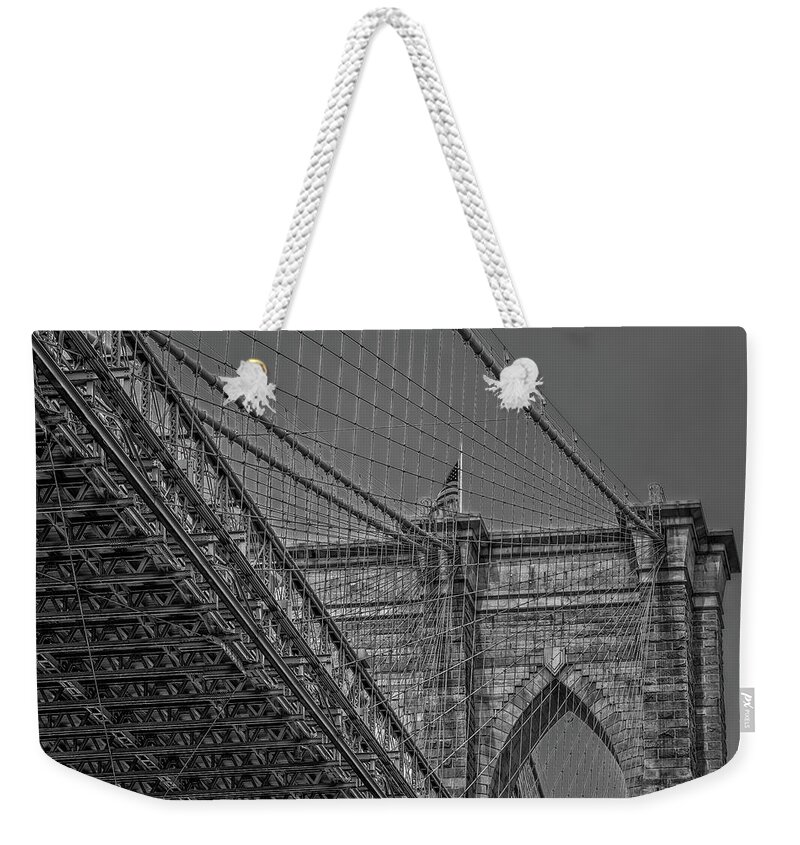 Brooklyn Bridge Weekender Tote Bag featuring the photograph Over and Under Brooklyn Bridge #1 by Susan Candelario
