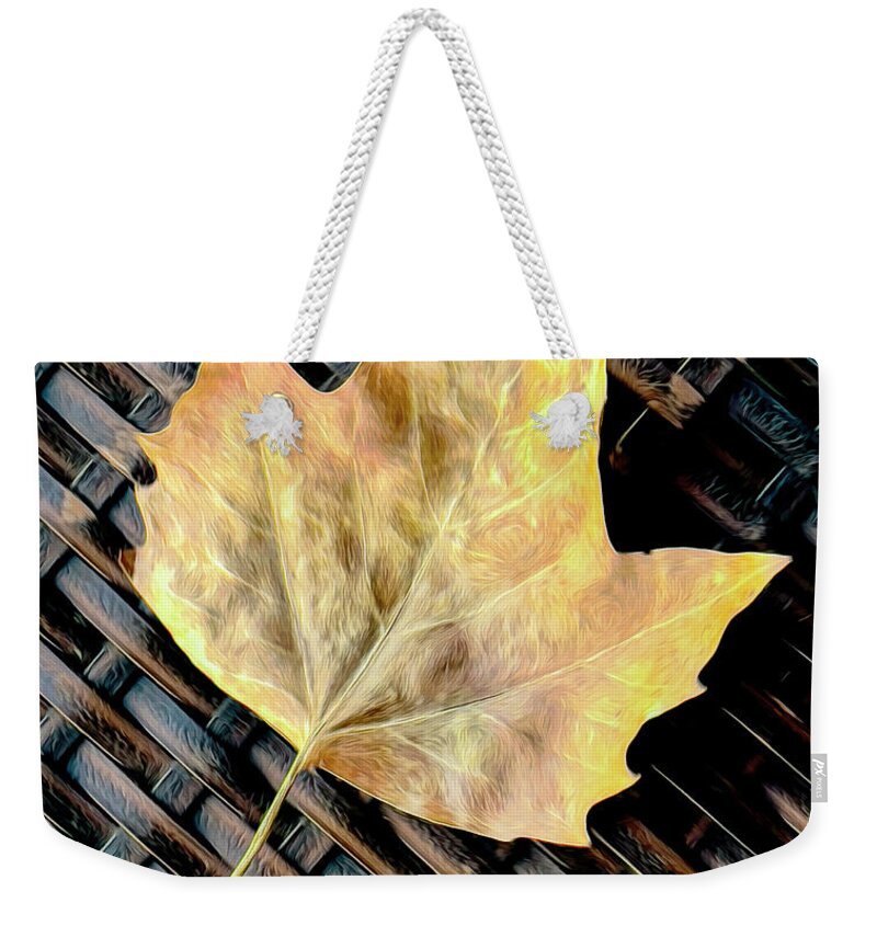 Autumn Weekender Tote Bag featuring the photograph Painterly Autumn Leaf On Webbed Seat #1 by Gary Slawsky