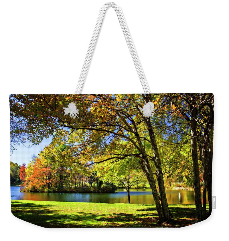 Color Weekender Tote Bag featuring the photograph Peaks of Otter Lake -3 #1 by Alan Hausenflock