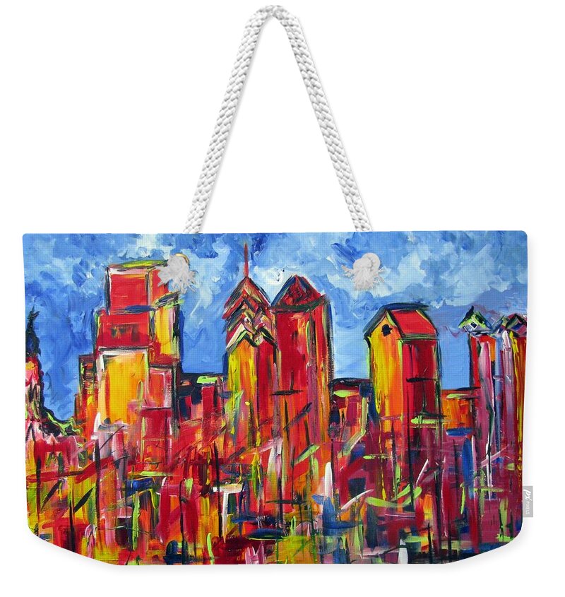 Philadelphia Weekender Tote Bag featuring the painting Red Blue Philly Skyline by Britt Miller