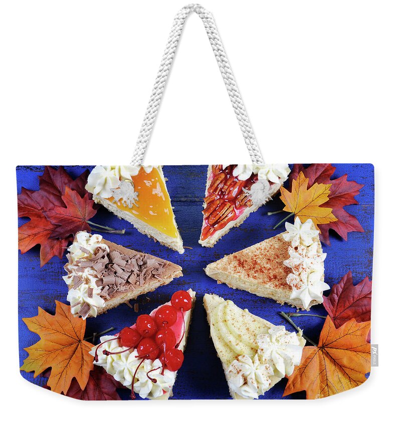 Happy Thanksgiving Weekender Tote Bag featuring the photograph Pieces of Thanksgiving pies. #1 by Milleflore Images
