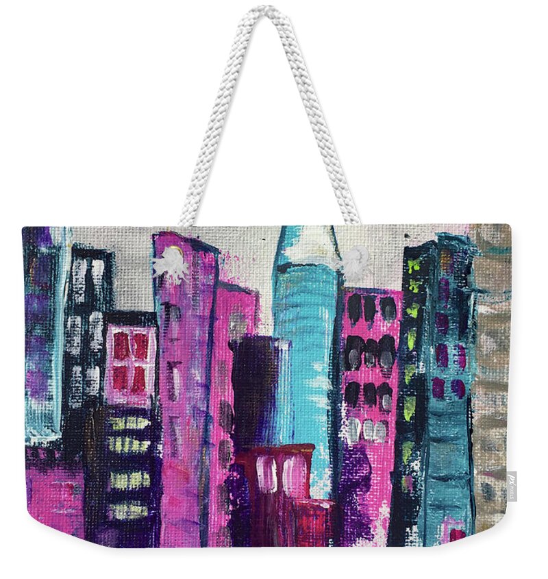 City Weekender Tote Bag featuring the painting Pink Moon City by Roxy Rich