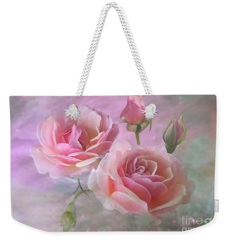 Pink Roses Weekender Tote Bag featuring the mixed media Pink Rose Duet by Morag Bates