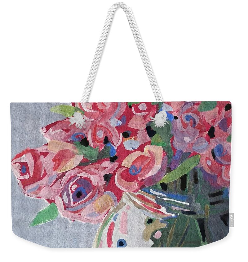Still Life Weekender Tote Bag featuring the painting Pink Roses by Sheila Romard