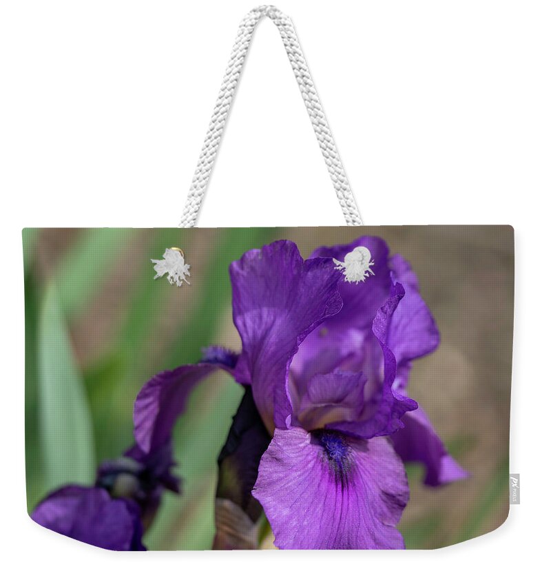 Flower Weekender Tote Bag featuring the photograph Purple Iris #1 by Cathy Donohoue