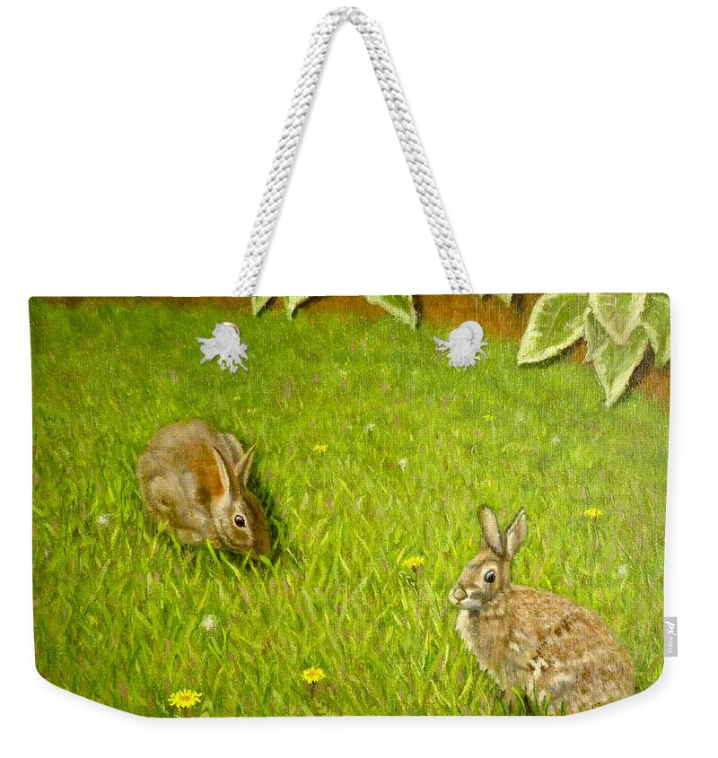 Rabbits Weekender Tote Bag featuring the painting In a Corner of my Garden by Joe Bergholm