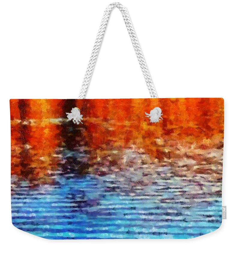 River Weekender Tote Bag featuring the mixed media River in Autumn by Christopher Reed